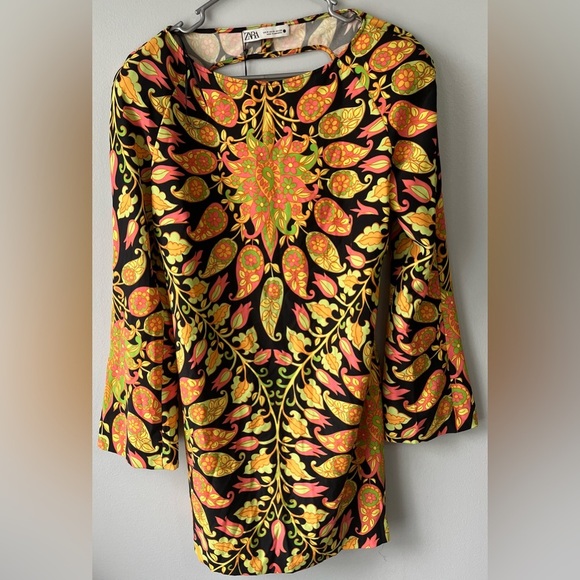 NWT! Zara size medium long sleeve printed mini boho dress multicolored pattern - Picture 2 of 15